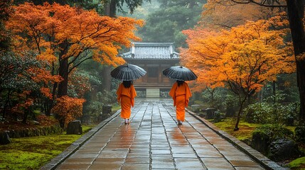 Two figures in orange robes walk a wet stone path amidst autumn foliage.