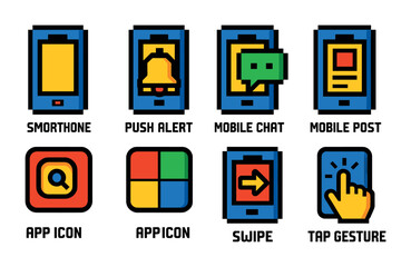 Mobile interface icon set – pixel art, apps, communication tools