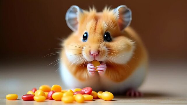 Adorable Golden Hamster Enjoying a Meal of Colorful Treats with Sharp Focus Against a Blurred Brown Background Perfect for Adobe Stock