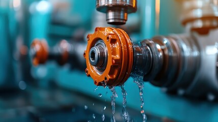 This dynamic image captures water flowing through a high-tech mechanical valve, depicting the seamless integration of technology and fluid dynamics in engineering.