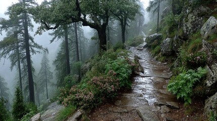 Obraz premium Mysterious foggy mountain path surrounded by pine forest nature photography serene environment
