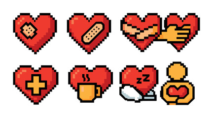Fototapeta premium Medical and healthcare pixel art icons set – hearts, love, health symbols