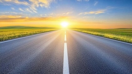 Naklejka premium Empty road stretches to golden sunset