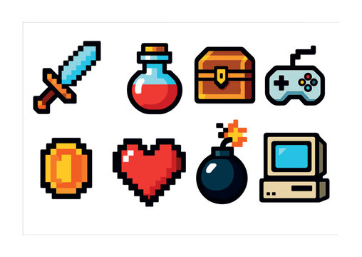 Retro gaming pixel art icons set – classic, vintage, arcade symbols for design