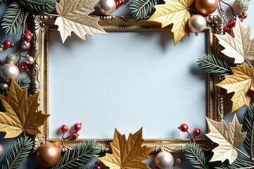 Silver & gold leaf winter frame, flatlay style , elegant design, christmas frame, luxury texture