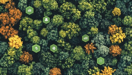 Forest ecosystem overlaid with sustainability icons