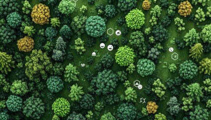 Aerial view of a diverse forest. Lush green trees of various shapes and sizes, interspersed with subtle markings