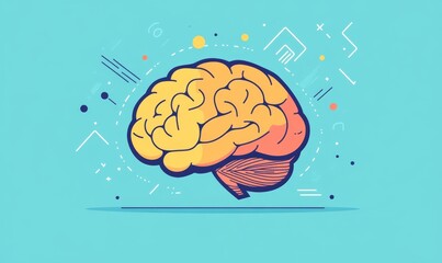 Colorful brain graphic, surrounded by abstract shapes, suggesting innovation and creativity