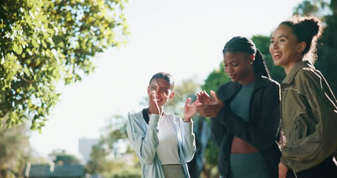 Man, women and hands stack for fitness at park with motivation, goals and phone for training in summer. Coach, people and support for workout, exercise and applause with success with achievement