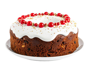 Festive fruitcake with icing and decorative beads for Christmas isolated cutout