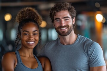 Fototapeta premium Smiling Young Adults Posing Together in Modern Gym Setting with Soft Focus Background and Warm Lighting