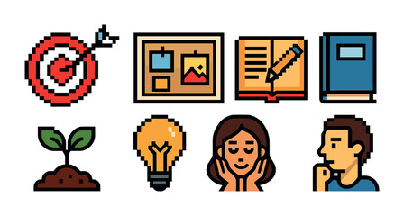 Education and learning pixel art icons set &ndash; study, resources, school symbols