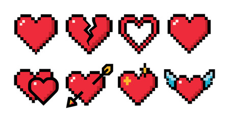 Love and romance pixel art icons set – heart, valentine, digital symbols