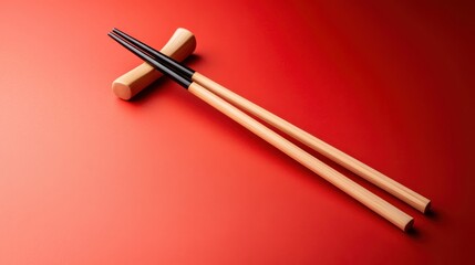 A pair of wooden chopsticks rest elegantly on a stunning red background, highlighting their craftsmanship and inviting an exploration of diverse culinary experiences.