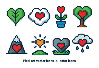 Fototapeta premium Nature and love pixel art icons set – pixelated, heart, environmental graphics