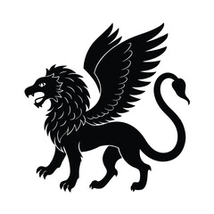 Majestic silhouette illustration of a griffin heraldic creature with wings and a lion's body in striking black and white