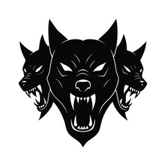 A stylized graphic depiction of cerberus the three headed dog with sharp fangs and a threatening pose.