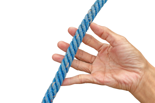 Hand Holding Blue Rope Isolated on Transparent Background for Design Cutout