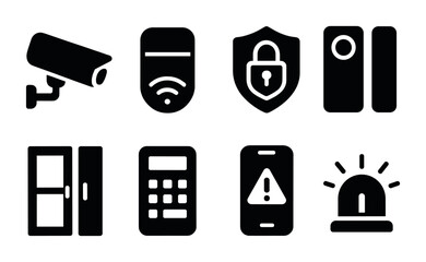 Security and surveillance solid icons set &ndash; flat, filled, safety and protection symbols