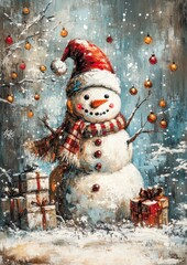 Cheerful Snowman with Gifts and Decorations in Winter Wonderland Scene