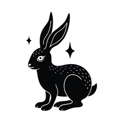 Minimalist illustration of a black rabbit with star embellishments on a white background suitable for various design projects