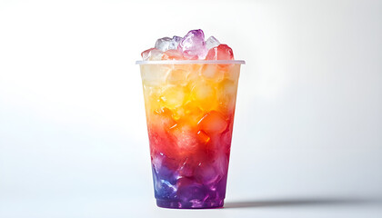 Colorful drink served in a plain, transparent 14 oz plastic cup with a neat pile of clear ice cubes on top, evoking a refreshing and indulgent feel