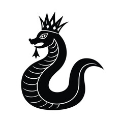 Fototapeta premium An elegant black and white illustration of a snake wearing a crown on a plain white background vector art.