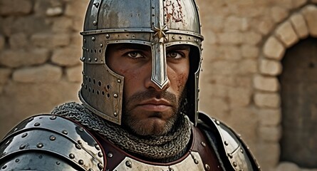 Naklejka premium Portrait of a medieval knight wearing armor helmet and chainmail in historical setting