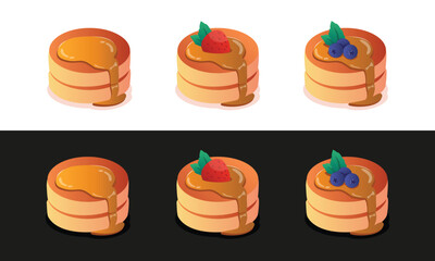 Delicious pancakes with fresh strawberry and blueberries in a cartoon style. Vector illustration of fresh and fluffy pancakes drizzled with honey and berries isolated