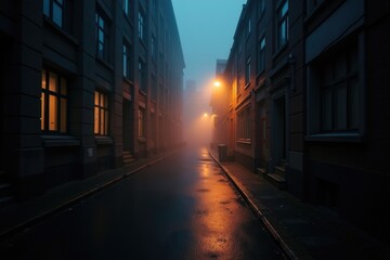 Mysterious Foggy Alleyway at Dusk with Rain-Soaked Reflections