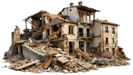  destroyed buildings after earthquake isolated on white background PNG , AI GENERATED