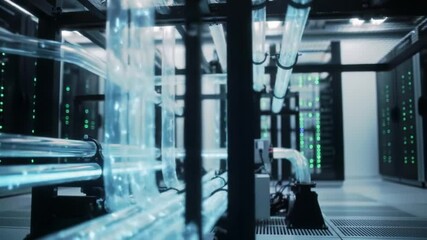 A glimpse into a modern data center showcasing a water cooling system. Clear tubes transport chilled water, optimizing energy use and maintaining ideal temperatures for servers and equipment.