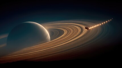 Rocket flying past saturn's rings in cosmic journey space environment dramatic perspective