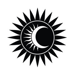 Symbolic black and white image of a sun with a crescent moon inside representing day and night cycles.