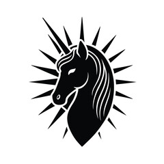 Elegant black and white unicorn head silhouette surrounded by a starburst design on a clean white background