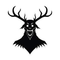 A menacing black silhouette of a demonic creature with stag antlers and sharp teeth perfect for spooky illustrations.