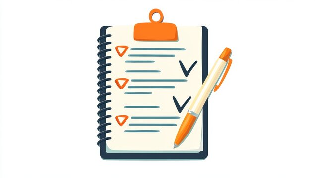 Clipboard with checklist and pen.  A notepad with tasks and checkmarks, accompanied by a pen ready for marking