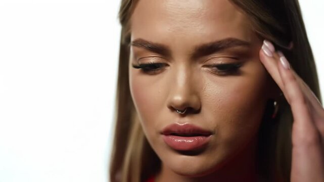 Woman Touching Face with Long Lashes Close Up Studio Shot