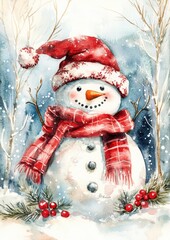 Cheerful Snowman in Winter Landscape with Scarf and Hat