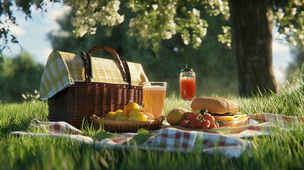 Delightful Summer Picnic Basket in a Sunny Orchard
