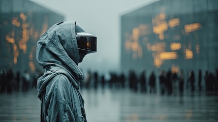 Obraz premium Futuristic avatar in virtual space digital art urban landscape sci-fi environment side view