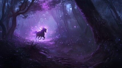 Enchanted Unicorn Galloping Through a Purple Forest
