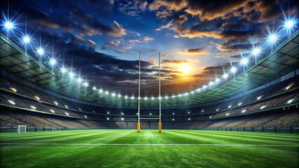 Illuminated rugby stadium at sunset with dramatic sky and empty field perspective view