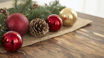 Festive Christmas still life featuring ornaments, pine cones and evergreen branches