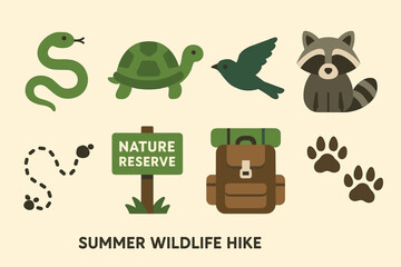 Obraz premium Wildlife and nature icons set – flat, silhouette, hiking and outdoor symbols