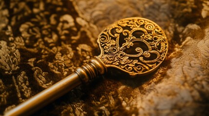 Ornate Antique Golden Key on Luxurious Fabric
