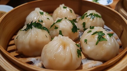 Steamed Dumplings Served in Traditional Bamboo Steamer with Garnish