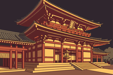 14 byakko style traditional japanese buddhist temple, highly detailed architectural rendering, intricate design, symmetry, warm colors, golden accents, dramatic lighting, photorealistic, 8k