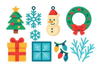 Christmas and winter flat icons set – festive holiday, seasonal decoration symbols