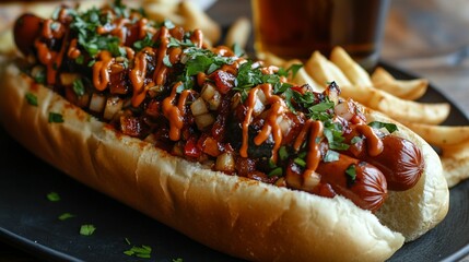 Loaded gourmet hot dog with toppings served alongside french fries
